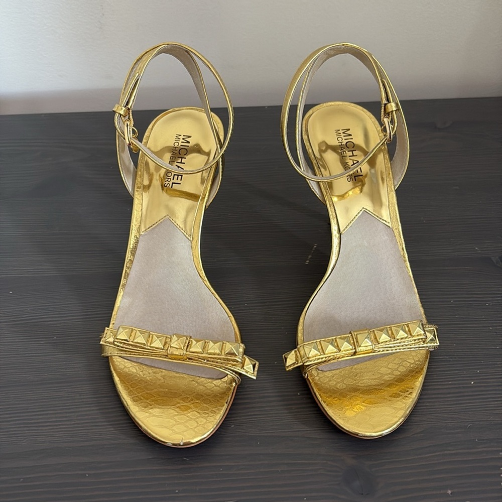 Michael Kors Livvy Ankle Heeled Sandals Strappy Metallic‎ Leather Gold Size 7.5 - Picture 5 of 14